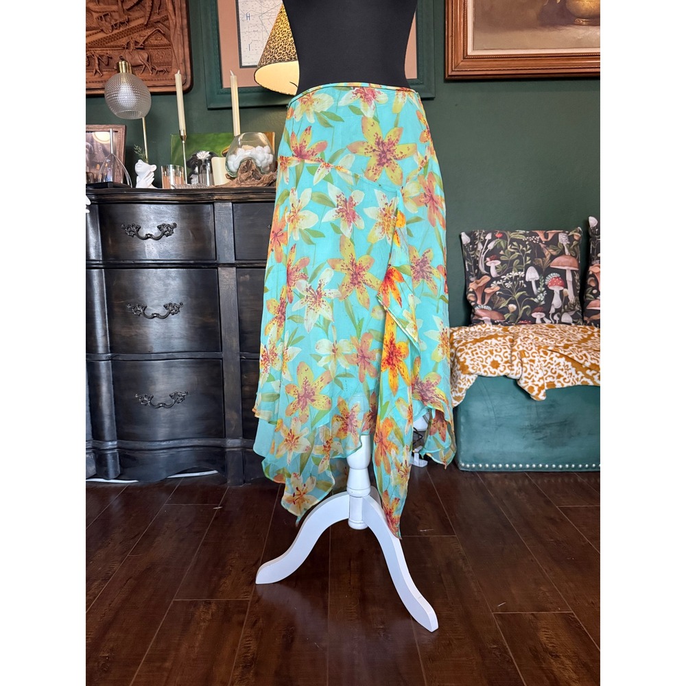 Muse‎ Silk Floral Handkerchief Hem Midi Skirt Turquoise Blue Lily Print Size 4